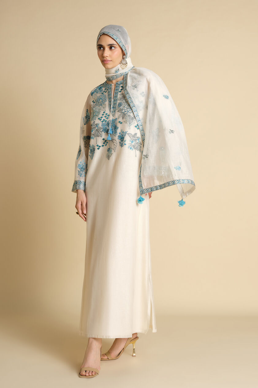 Akshiti Embroidered Mul Stole - Ivory, Ivory, image 2